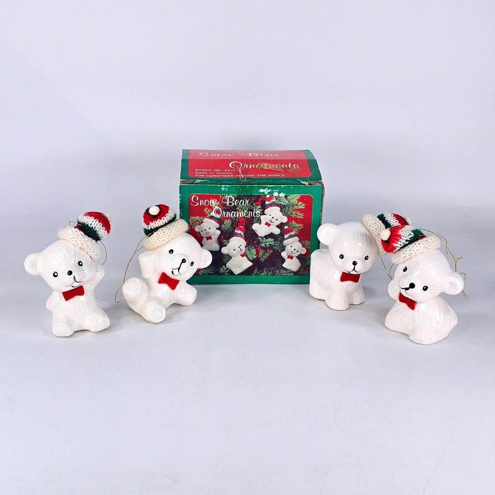 Vintage Snow Bear Ornaments Set of 4 Ceramic Polar Bears with Knit Hats 54-012